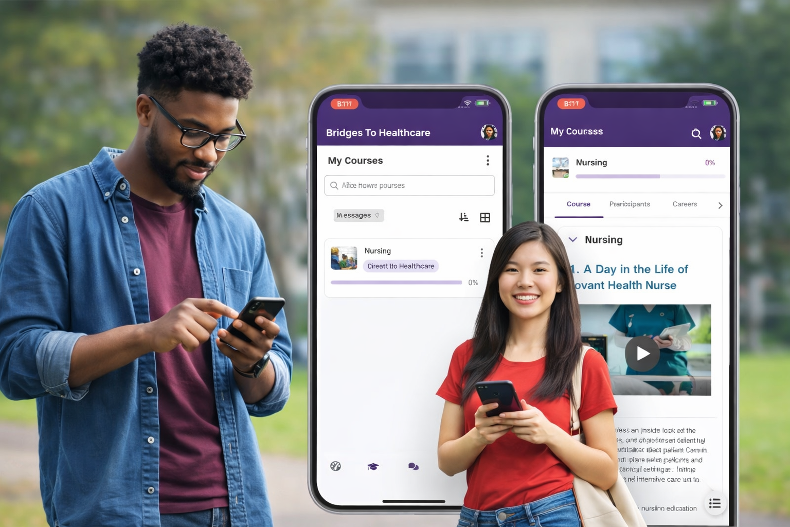 Students using the Bridges to Healthcare mobile app